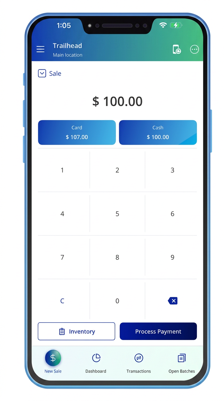 TrailPay mobile app dashboard showing live transactions
