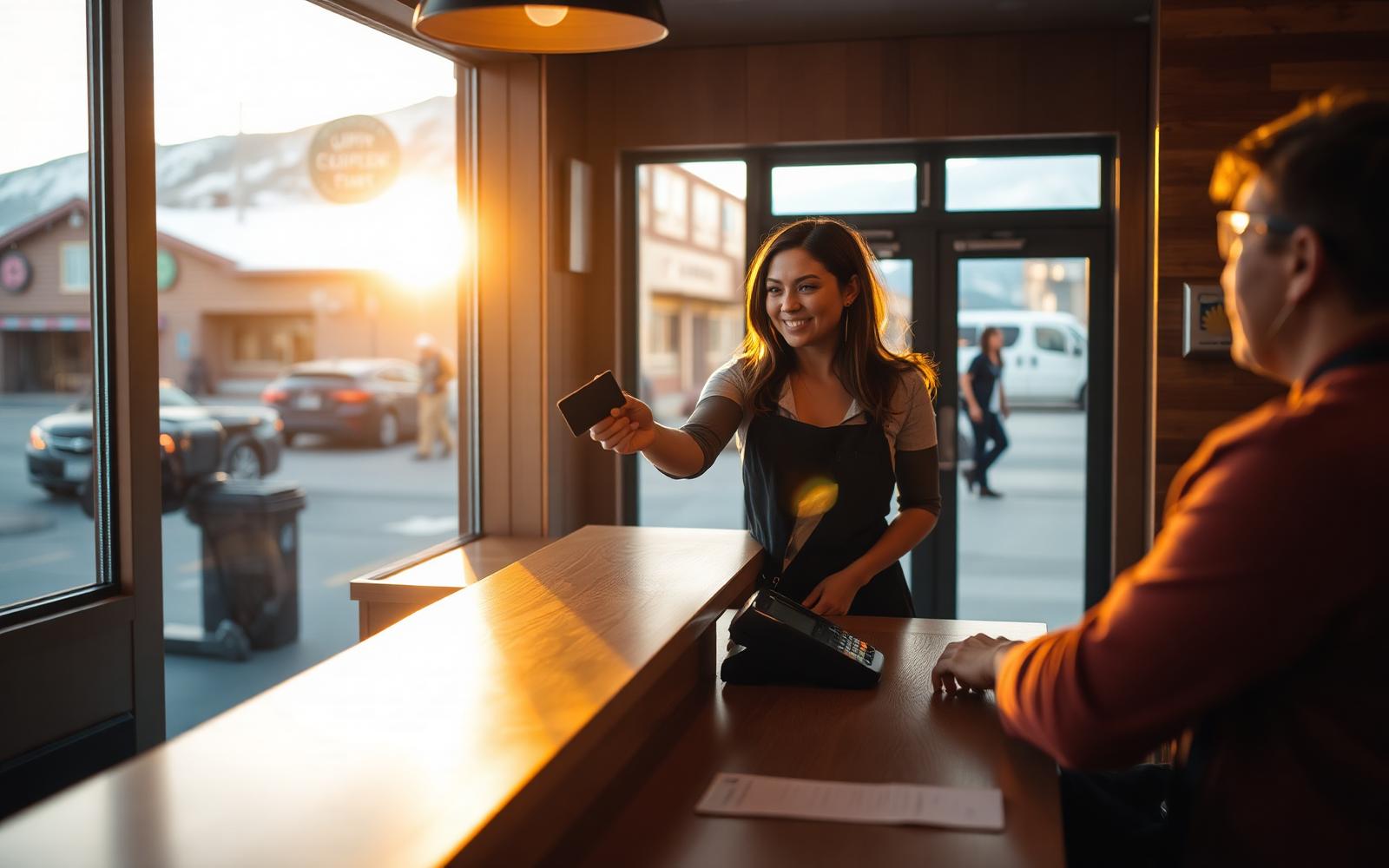 Owner taking a card payment at a mountain-town coffee shop counter