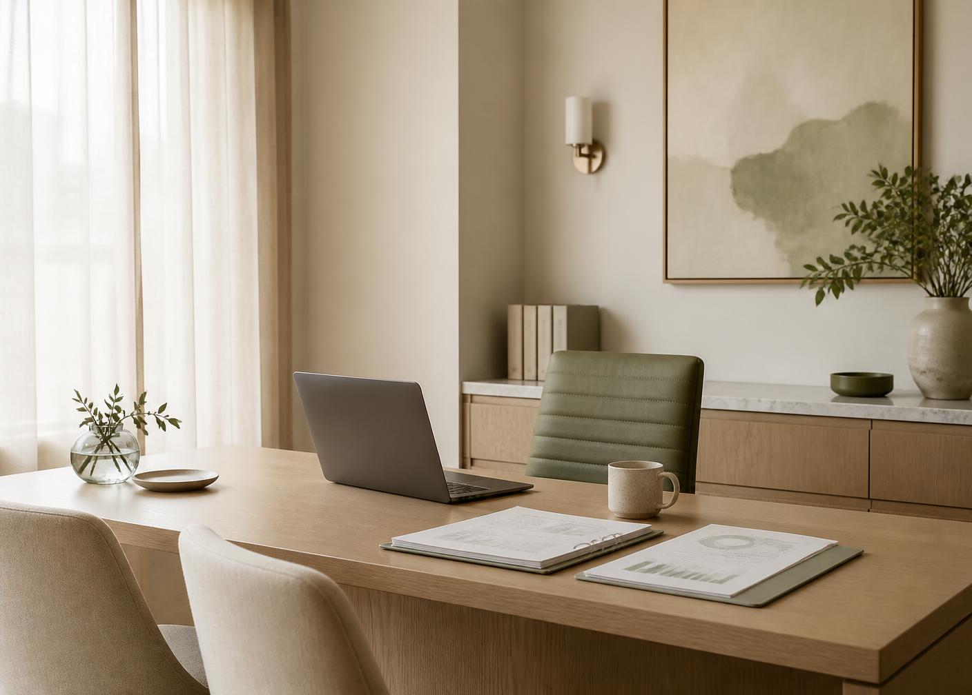 Quiet admissions and finance office with statements and a laptop on a light oak desk