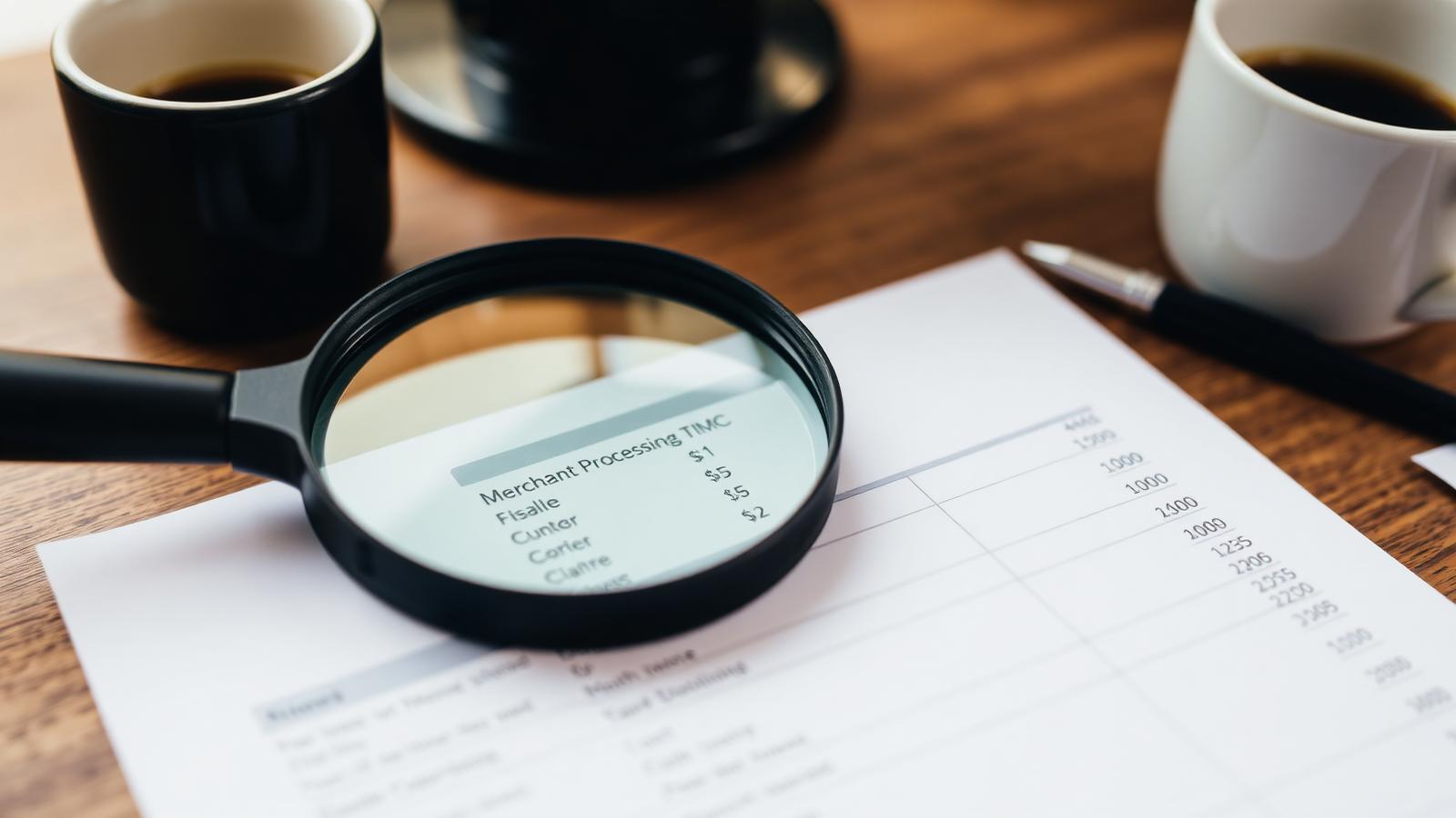Magnifying glass over a merchant processing statement on a wooden desk.