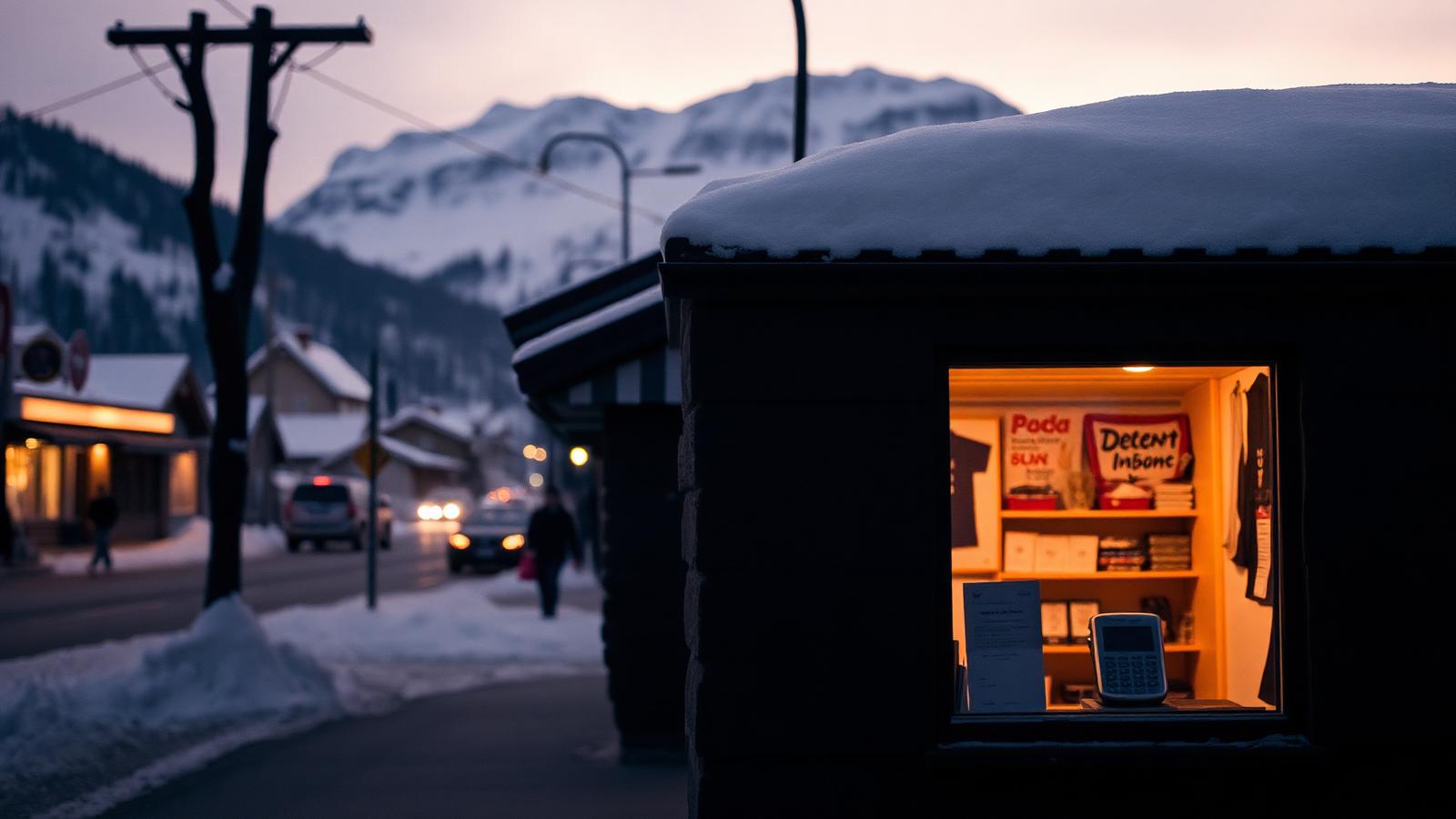 Snow-covered mountain town main street at dusk with a lit shop window.