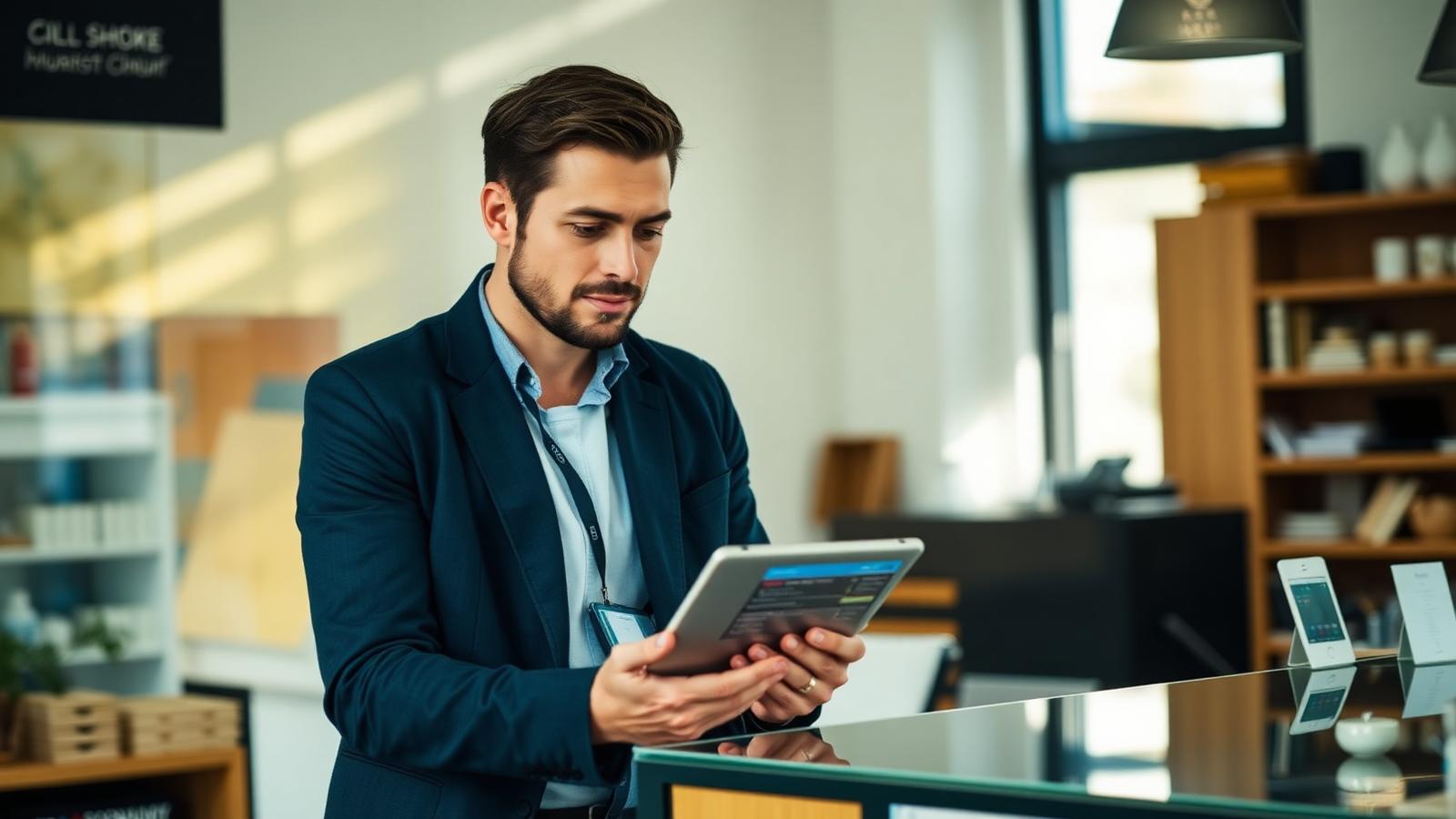 Small business owner behind a shop counter reviewing sales data on a tablet.